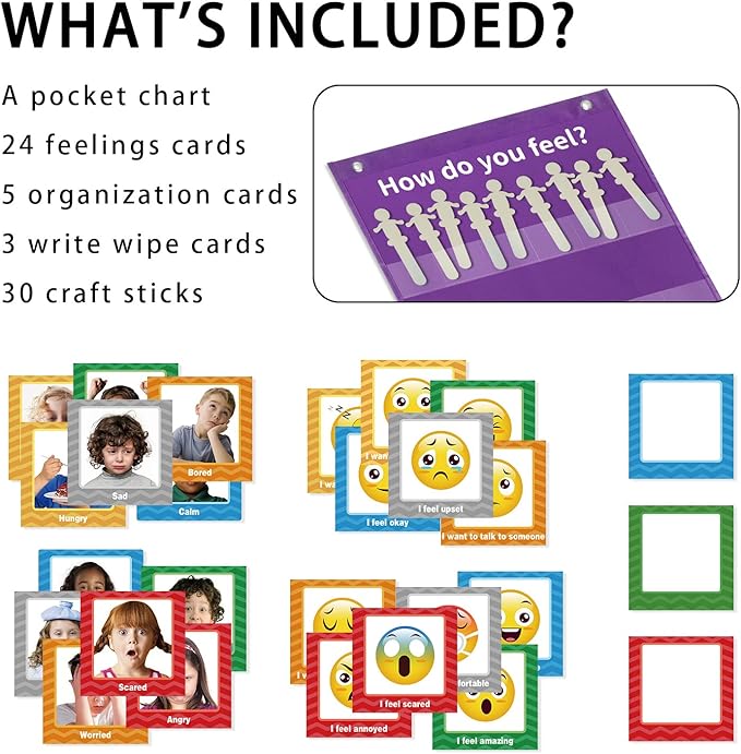 Boczif Emotions Feelings Pocket Chart for Classroom Chart with 24 Cards for Preschool Teacher, Daycare Decor, Social Emotional Learning Activities, Calm Down Corner Supplies (Purple)