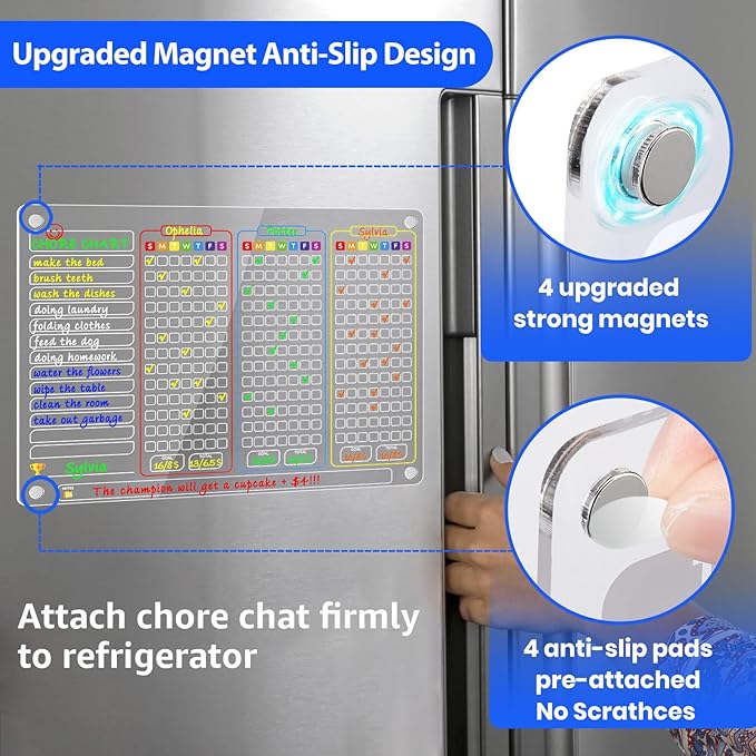 PigPotParty Acrylic Magnetic Chore Chart for Multiple Kids, 3-Kid Family, 16"x12" Large Dry Erase Chore Board, Responsibility Chart for Teens & Adults, with 12 Markers & Towel