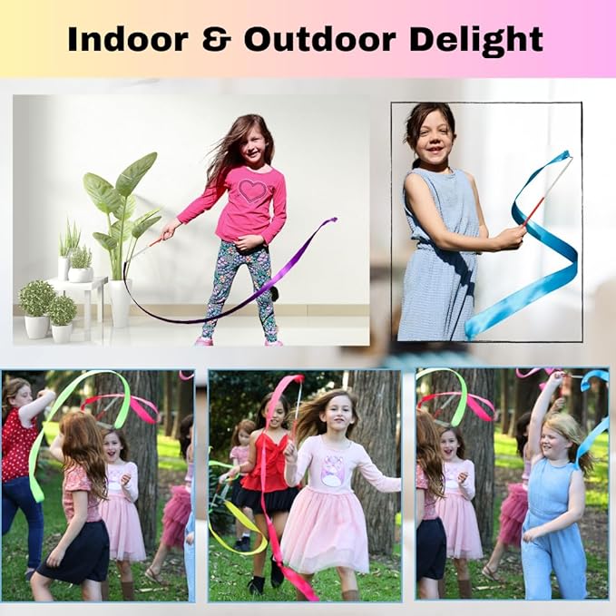Ribbon Dancing Wands 10pcs Pack, Party Favor for Girls Birthday Favor Bags, Indoor Outdoor Kids Party Games, Gymnastic Party Gifts (Mixed Color with White handle, 10pcs Set)