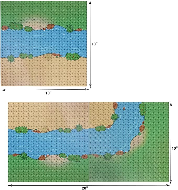 Baseplates Grassland Field and River Pattern 10"x10" Brick Building Block Classic Base Plate Toy for City Roads,Farm,Garden Etc Tight fit Major Brands(1x Straight and 1x Curve)