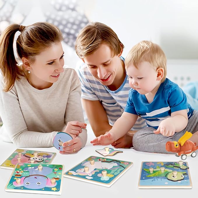 Eco Friendly Animal Puzzles, 4 Pcs Jigsaw with Handles, Infant Kid Montessori Puzzles for 1-3 Years Old