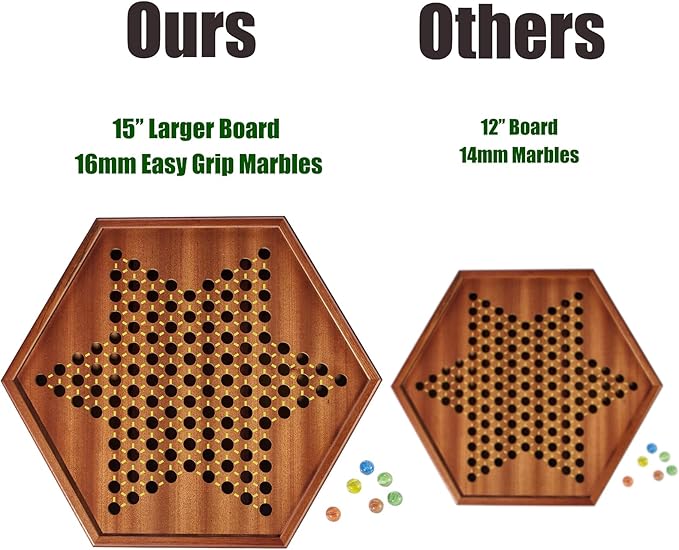 VAMSLOVE Chinese Checkers 15" Large Upgraded Version Wooden Game Board, 16mm 60+12 Colorful Glass Marbles, Easy Grasping for Adults and Kids, w/Storage Drawer, Fun for Family Gathering