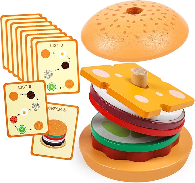 Kizh Wooden Burger Sorting Stacking Toy for Toddlers - Preschool Montessori Educational Fine Motor Toys for Kids Boys Girls