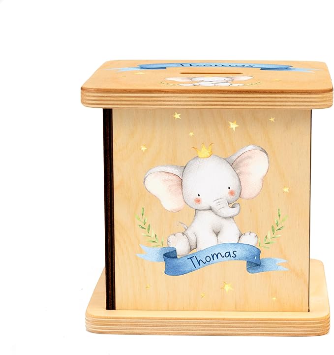 Wooden Piggy Bank for Kids and Adults, Personalized Gift Handmade in USA by BloomOwl, Custom Piggy Bank, Personalized Banks for Kids, Gifts for Baby Boys and Girls (Elephant- Blue)