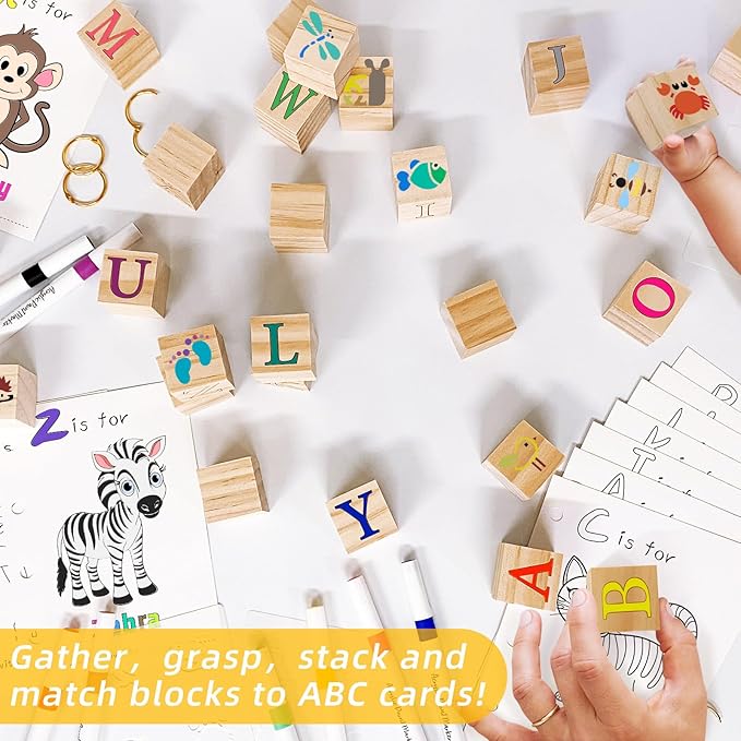 146 Pcs Baby Shower Game Sign Set Includes Decorative Square 54 DIY Blank Wooden Blocks 24 Paint Markers 27 Page Baby‘s First ABC Book