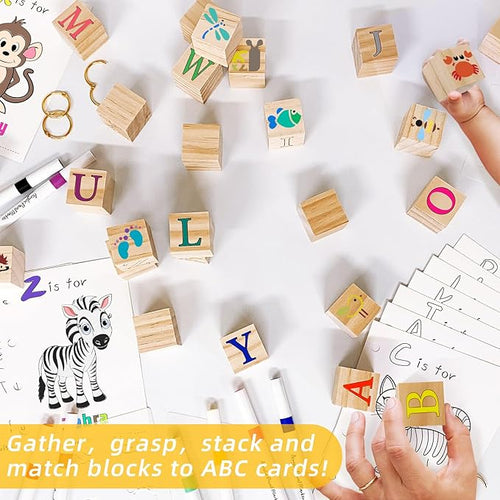146 Pcs Baby Shower Game Sign Set Includes Decorative Square 54 DIY Blank Wooden Blocks 24 Paint Markers 27 Page Baby‘s First ABC Book