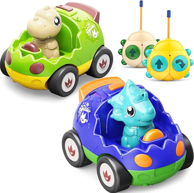 2 Pack Dinosaur Toys Remote Control Cars for Toddlers Ages 2 3 4 5, Christmas Birthday Gifts for 2-5 Year Old Boys, Dinosaur RC Car Toys with Music and Lights (Green Blue)