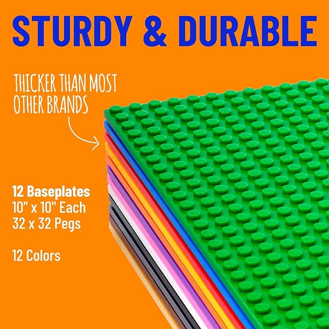 Strictly Briks Stackable Baseplates for Building Bricks - Compatible with Lego and All Major Brands - 10 x 10 in, Blue, 12 Pack
