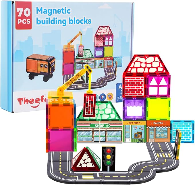 Theefun 70pcs Magnetic Tiles Road Set with Crane & 2 Cars Magnetic Blocks Double Side City STEM Construction Toy Gifts for Kids 3+ Years Old, Include 56 Magnetic Blocks, 13 Magnet Toppers, 1 Bag