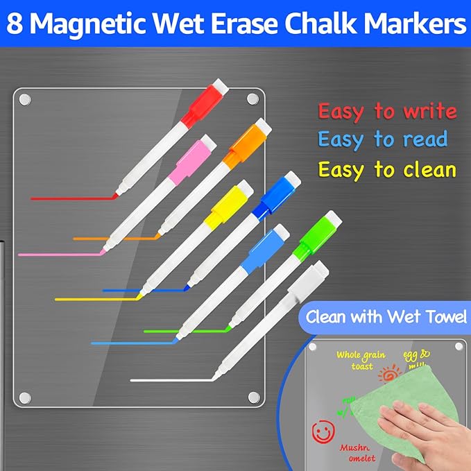 PigPotParty Clear Acrylic Magnetic Whiteboard for Fridge, 2 Pack 9.5"x12" Dry Erase Board Blank Memo Shopping/Grocery to Do List Meal Planner Chore Chart for Adult Teens Kids, w/ 8 Markers & 1 Towel