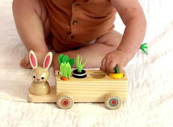 Adventure Awaits! Wooden Rabbit Pull Cart Farm Toy with Removeable Vegetables for Toddlers | Kids Montessori Easter Bunny Shape Sorting Car