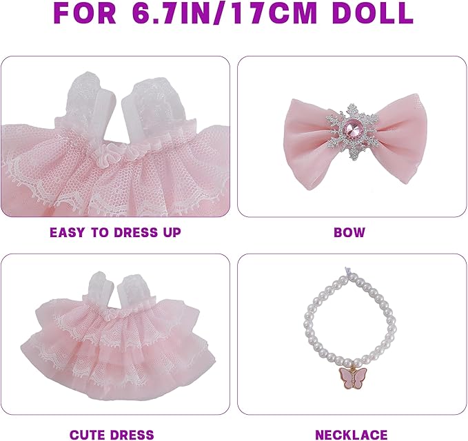 17cm Doll Clothes Set 3-Piece Doll Clothing Set with Pink Dress Necklace and Butterfly Decor Accessories for 17cm Plush Dolls, Clothes Only, No Doll Included