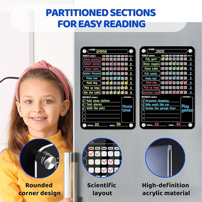 Acrylic Magnetic Chore Chart for Kids Multiple Kids, Clear Chore Board for Fridge Refrigerator, Behavior Reward Responsibility Chart, 2 Dry Erase Chores Chart for Kid with 6 Markers & Anti-Scratch Pad