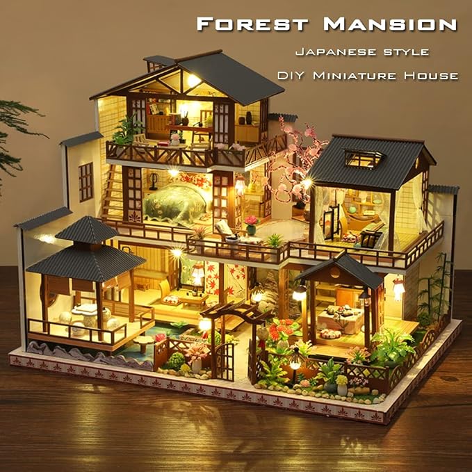 Yuzhen DIY Miniature Dollhouse Kit with Furniture and LED Lights, Japanese Wooden Dollhouse Includes Dustcover and Music Box, Collectibles for Hobbies