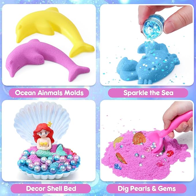 G.C Sensory Bin for Girl Kid Toy, Play Sand Art Kit 108pcs with Sandbox, 2lb Color Sand, 6 Castle Molds, Tactile Sensory Toy Christmas Birthday Gift for Girl Toddler Ages 3 4 5 6 7 8 (Mermaid)