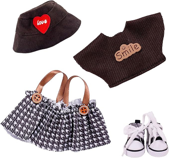 Clothes for 17cm Doll (Clothes Only) – 4-Piece Set with Brown Hat, T-Shirt, Dress, and Canvas Shoes for a Cute and Stylish Look – Fashion Handmade Accessories for 17cm Doll