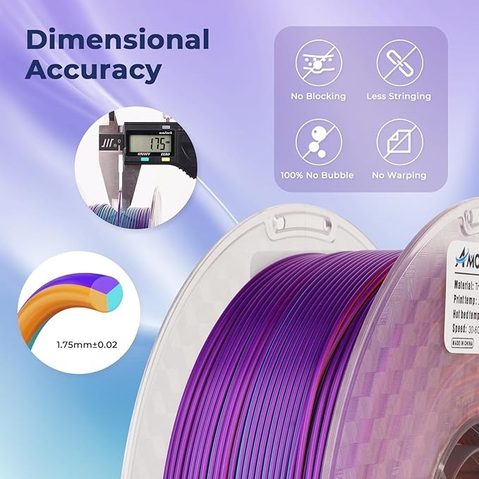 AMOLEN Silk PLA 3D Printer Filament, Tri Color Purple/Blue Green/Burnt Orange PLA 1.75mm, Shiny Multi Color Change Filament 3D Printing PLA Filament for Most FDM 3D Printer, 1kg Spool(2.2lbs)