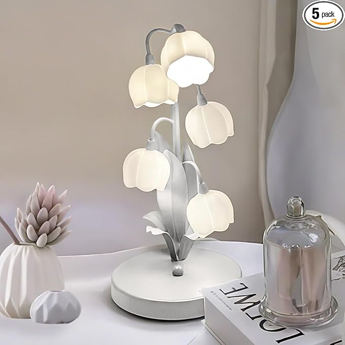 Flower Lamp for Home,Bedside Vintage Table Lamps,5 Lily of The Valley Reading Lights,3 Colors Modes Kawaii Bedside Lamp Decor,with G4 Bulb Nightstand Light for Living Room Office Bedroom (White)