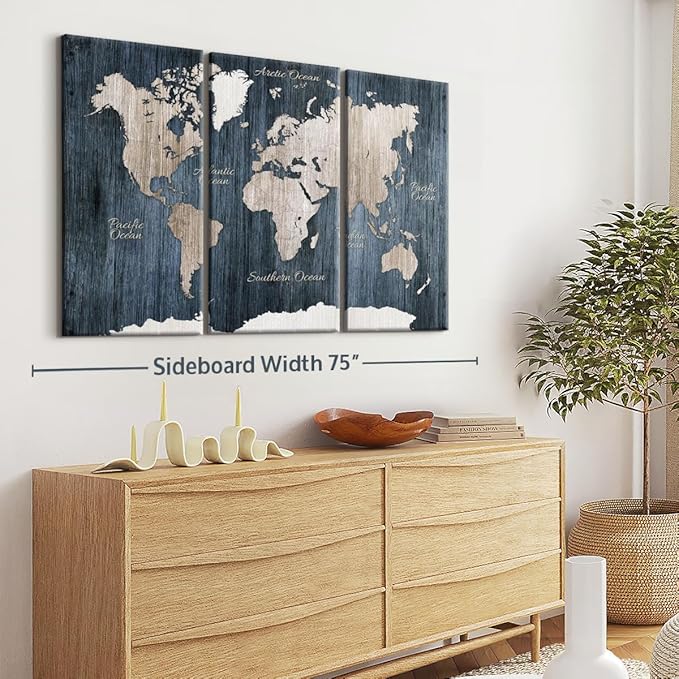 ElephantStock Aged Blue World Map I Canvas - 3 Panel Wall Decor - World Map Digital Art - Blue Wall Art - 65" X 42"