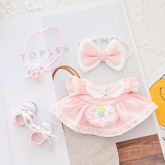 17cm Doll Clothes Set, 4 Pieces Dress Skirt Outfit Set for 6.7inch Doll Suit, Cute Fashion Bowknot Shoes Clothes Accessories for 1st/2nd/3rd Gen Dolls Play & Display Pink