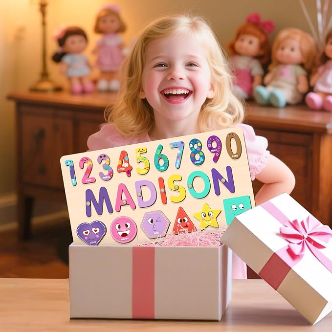 Personalized Name Puzzle for Kids, Customized Baby Gifts, Wooden Shapes Puzzles for Toddlers Boy and Girl, 1 Year Old Girl Gifts, Baby Shower