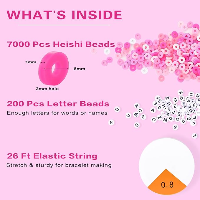 ADIIL 7200pcs Clay Beads Bracelet Making Kit, 6mm Polymer Heishi Beads for Jewelry Making, Friendship Bracelet Kit Birthday Gift for Adults Hot Pink