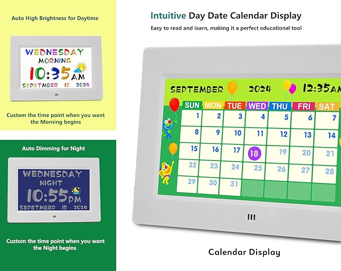Véfaîî Digital Teaching Clock Talking Time, 24 Alarms Custom Reminders, Checklist to-Do List, Auto DST & Calendar Display, Sleep Trainer, Easy to Use for Kids Birthday Gift- White with Remote