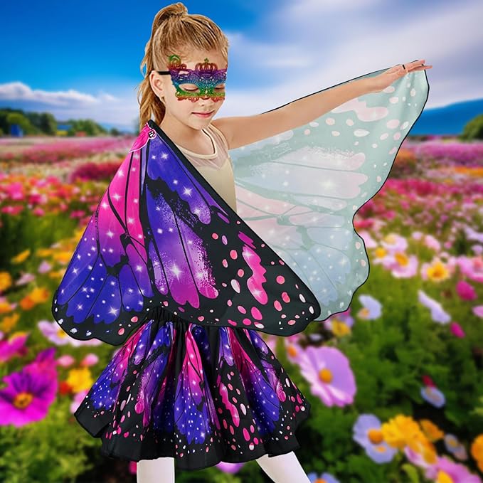 Butterfly Costume for Girls Fairy Wings Kids 4 Pcs(Cape,Skirts,Masks,Hair Clips) Butterfly Wings for Halloween Gifts
