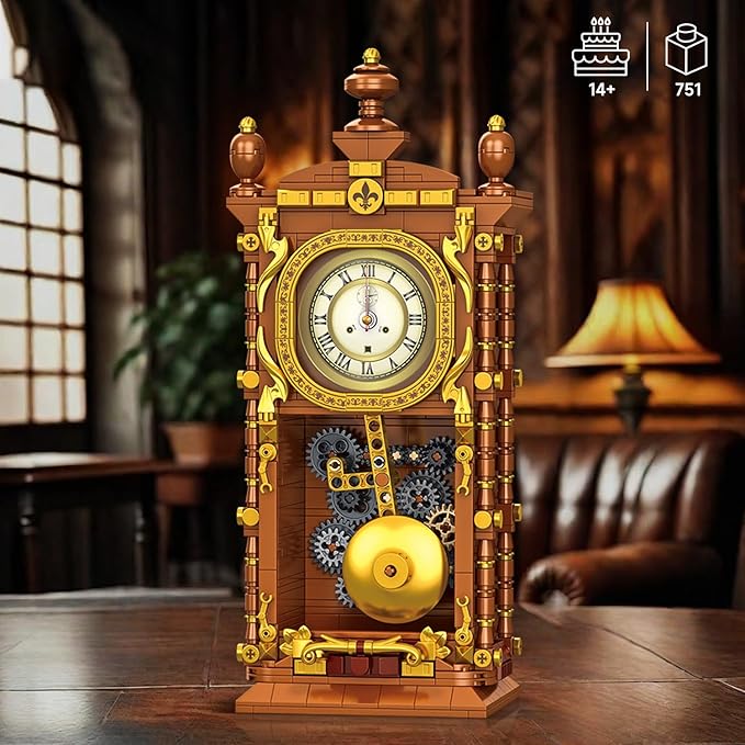 Vintage Swing Clock Building Blocks Set – 751 PCS Real Working Mechanical Clock with Alarm, Moving Pendulum & Rotating Dial, Retro Steampunk Decor Gift for Adults & Teens, Compatible with Lego Sets