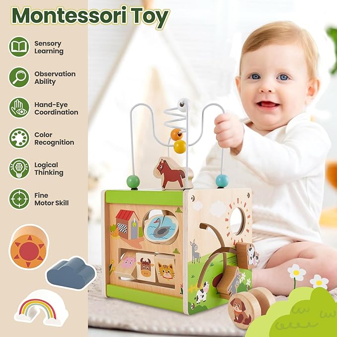 Buyger Wooden Activity Cube Montessori Toy for 1 2 3+ Year Old, 6 in 1 Shape Sorter Sensory Toys Early Learning Educational 1st Birthday Gifts for Kids Baby Boys Girls