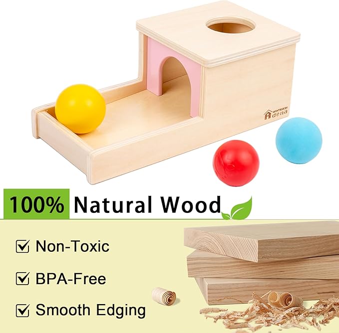 Adena Montessori Object Permanence Box with Tray Three Balls Montessori Toys for 6-12 Months Baby 1 Year Old Infant Toddler (Small Box - for Girl)