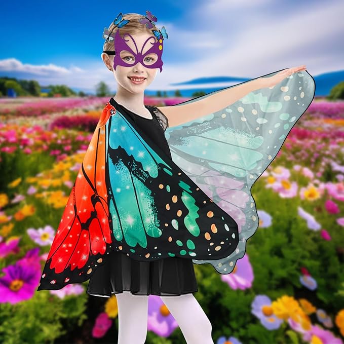 Butterfly Costume for Girls Fairy Wings Kids 4 Pcs(Cape,Skirts,Masks,Hair Clips) Butterfly Wings for Halloween Gifts
