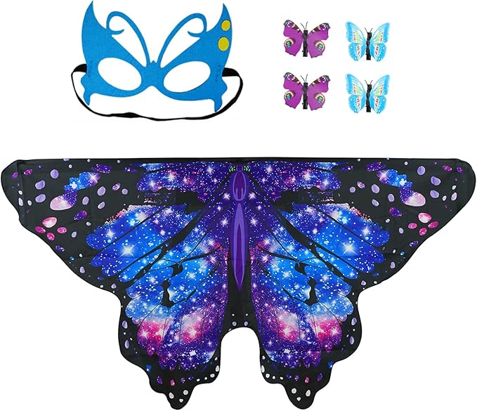 Butterfly Costume for Girls Fairy Wings Kids 4 Pcs(Cape,Skirts,Masks,Hair Clips) Butterfly Wings for Halloween Gifts