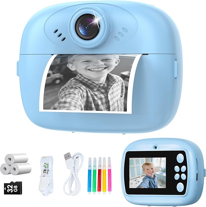 Kids Instant Print Camera,1080P Video Instant Digital Camera for Kids, Christmas Birthday Gift for Girls and Boys Age 3 4 5 6 7 8 9 10, Toy Camera with 32GB SD Card,Christmas Stocking Stuffers,Blue