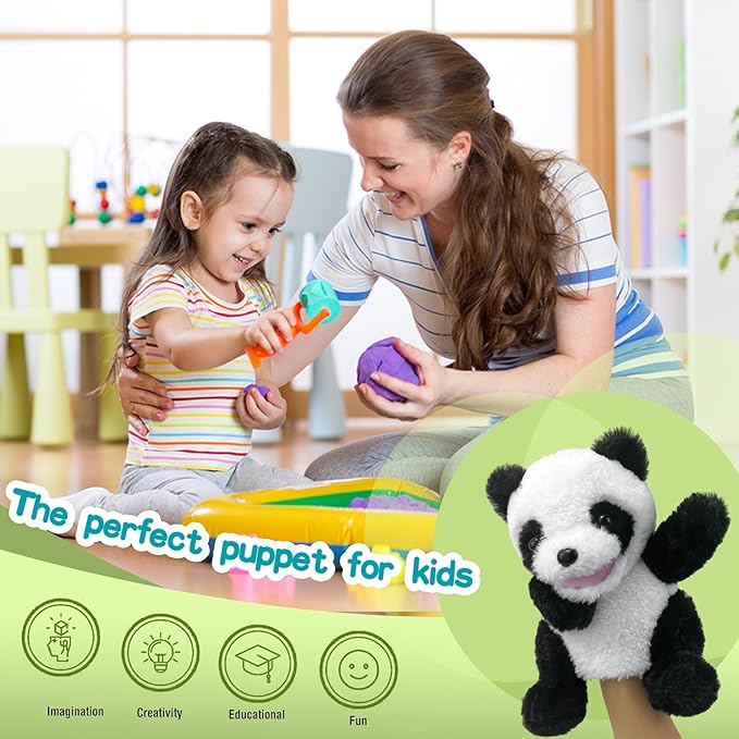 Hand Puppets Plush Panda Puppet,9" Hand Puppets for Kids Realistic Animal Puppets Panda Stuffed Animal Hand Puppets for Toddlers 3, Stuffed Panda Hand Puppets with Movable Mouth Role Gift