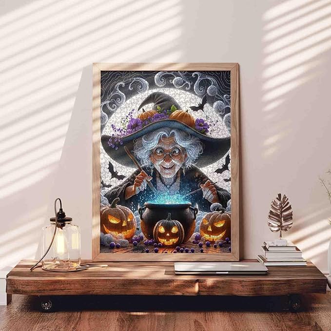 Mystical Grandma Witch Stirring 1000 Piece Jigsaw Puzzle for Adults Students 20×27 Inches Halloween Night Pumpkins Bats Magical Blue Spell Autumn Puzzles for Fall Decor and Gift for Puzzle Lovers
