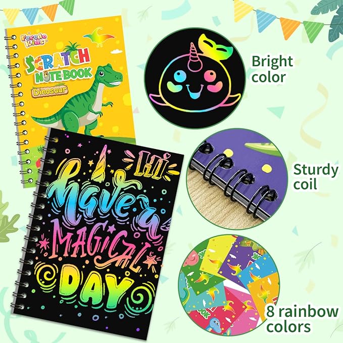 Kids Scratch Art Party Favors Gifts: 24 Pack Dinosaur Scratch Notebook Paper Birthday Party Favor Toy Girls Boys Art Craft Kit Summer Classroom Goodie Bags Return Gifts for Birthday Party Favors Bulk
