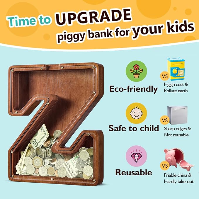 Summidate Customized Name Large Wooden Piggy Bank for Kids Boys Girls Alphabets Letter A-Z Coins Bills Money Change Bank Box Initial on Clear Cover (Laser Engraved) (Alphabet-Z, Personalized-12)