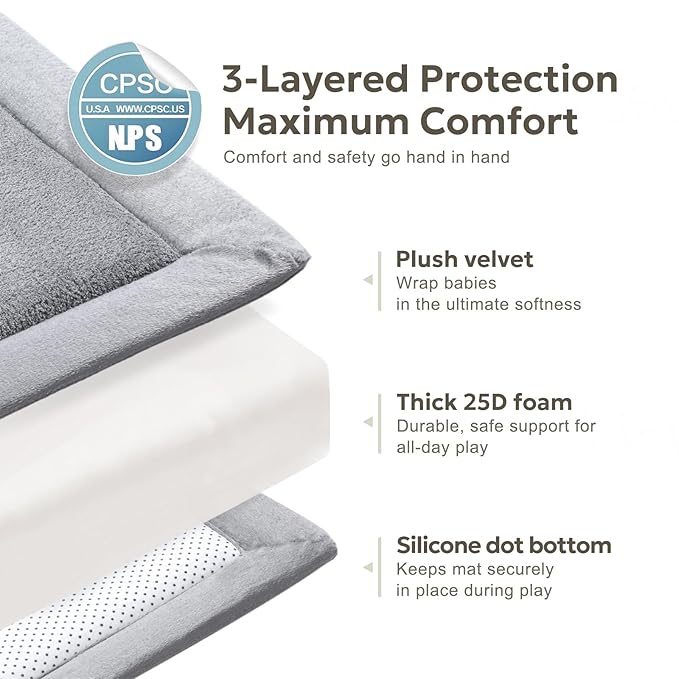 Mallify Ultra Soft 1.3" Thick Baby Play Mat for Floor, Large Velvet 50x50 Playpen Mat, Baby-Safe & Non-Slip Tummy Time Mat, Crawling Mat for Babies, Toddlers, Infants, Kids, Easy Care, 50"x50", Gray