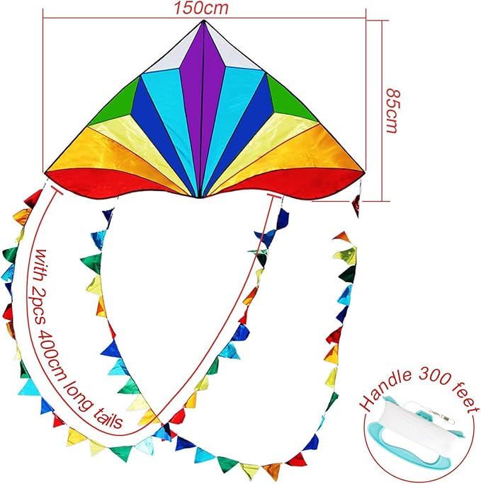 HONBO Large Delta Kite for Kids & Adults,Extremely Easy to Fly Kite for Beach Trip,String Line Included,with Colorful Tail,Perfect for Beginners