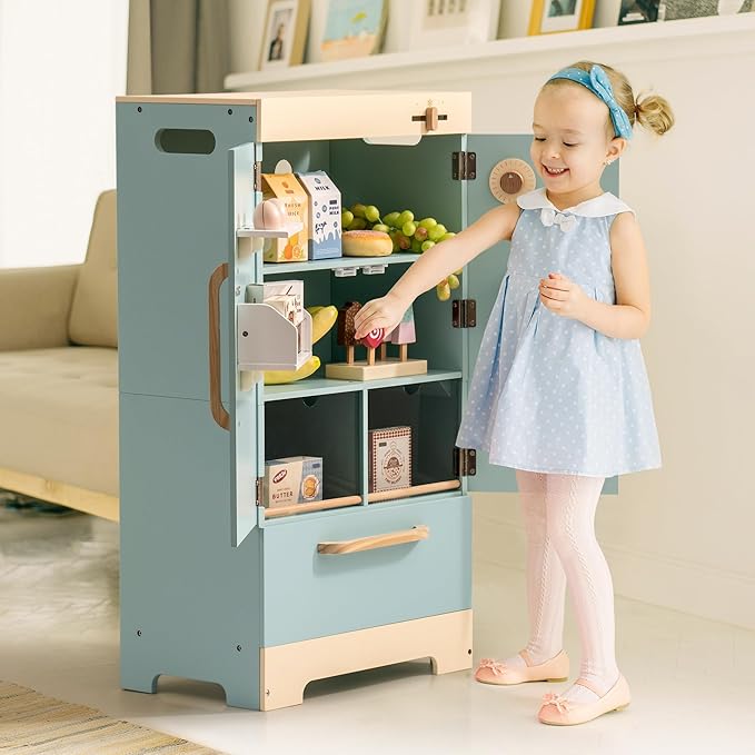 ROBOTIME Toy Kitchen Wooden Fridge, Play Refrigerator for Kids & Toddlers, Wooden Fridge Freezer Set with Ice Maker and Foods, Pretend Play Kitchen Playset for Ages 3+
