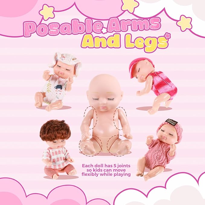 Hanaive 4 Pcs 4 Inch Mini Baby Dolls Lifelike Realistic Baby Dolls Animal Clothes Cute Tiny Gifts for Kids Birthday Party(Homey Style)