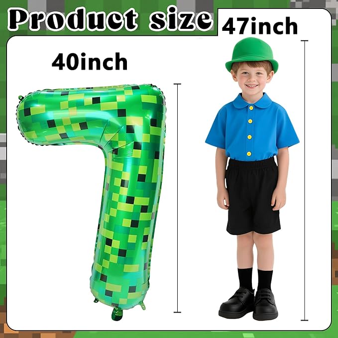 40in Pixel Giant Number 7 Balloon Birthday Decorations, Miner Theme Green Foil Balloons Blast Gaming Party Supplies