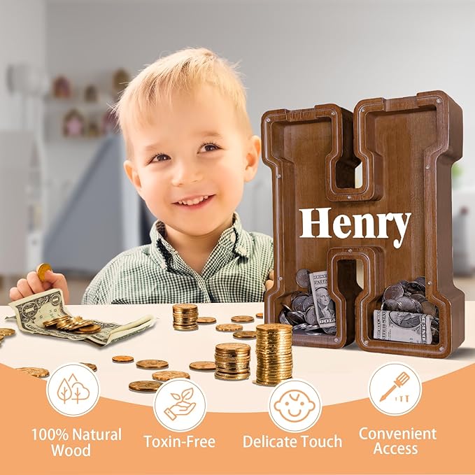 Wooden Letter Piggy Bank for Kids Larger Letter Piggy Bank for Boys and Girls Personalized Piggy Bank Initial Coin Bank Wood Kids Money Bank for Birthday and Festival