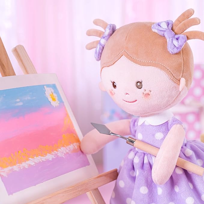 Onetoo Plush Rag Doll First Baby Doll Soft Baby Doll Sleeping Cuddle Buddy Doll for Girls Wear Purple Polka Dot Dress 14"（Milly Series）