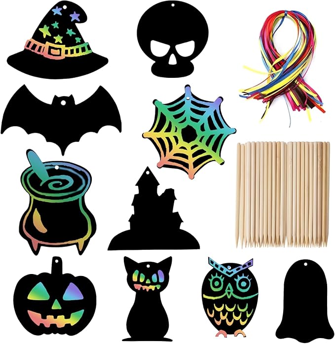 Naturahand 50 Rainbow Scratch Paper with 10 Wooden Scratch Sticks and 50 Red String, Pumpkin Bat Shaped Scratch Off Cards for Halloween DIY Decorations and Art Party Favors(H-2)