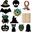 Naturahand 50 Rainbow Scratch Paper with 10 Wooden Scratch Sticks and 50 Red String, Pumpkin Bat Shaped Scratch Off Cards for Halloween DIY Decorations and Art Party Favors(H-2)