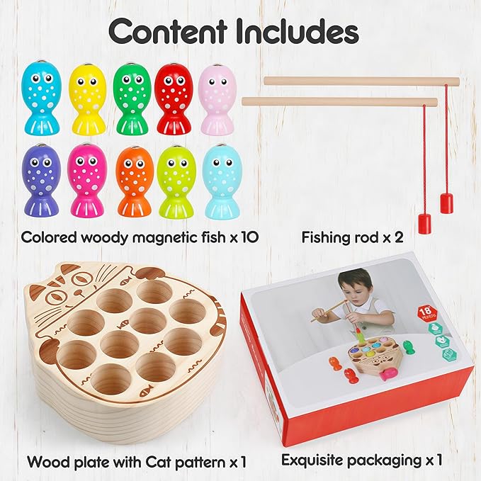 Wooden Magnetic Fishing Game for Toddlers 3-5,Montessori Preschool Education Activities Learning Fine Motor Skills Color Sorting Magnet Fish Toys Easter Gift for Boys Girls