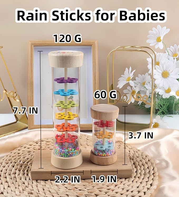 Oneshow Rain Sticks for Kids, Wooden Rainmaker Montessori Toys for Baby 6-12 Months, Rain Stick Baby Rattle Sensory Development Toys with Calming Rain Sounds Gifts for 1 Year Old Toddler 7.7"& 3.7"