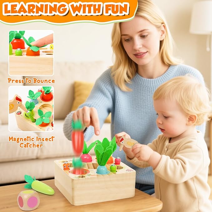 XPIY Montessori Toys for 1 Year Old, Carrots Harvest Wooden Baby Toys for 6-12 Months Educational Shape Sorting Matching Toys Fine Motor Skill, Gift for Kids Easter (Bug Catching Bouncing Carrot)